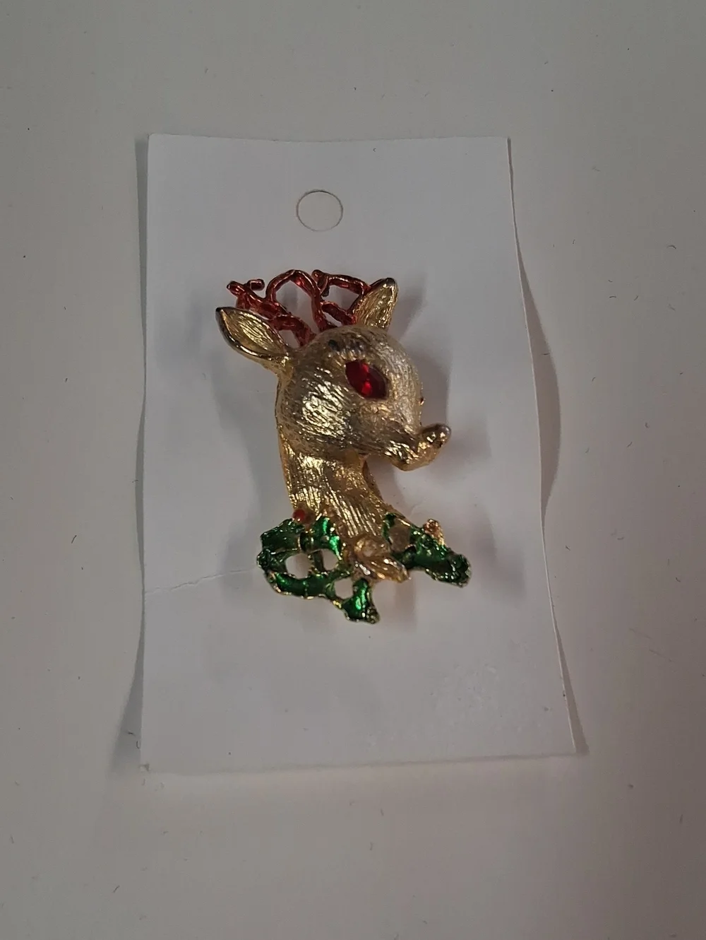 Gold Reindeer Pin with Red Eye and Green Holly Accent - Kids Jewelry